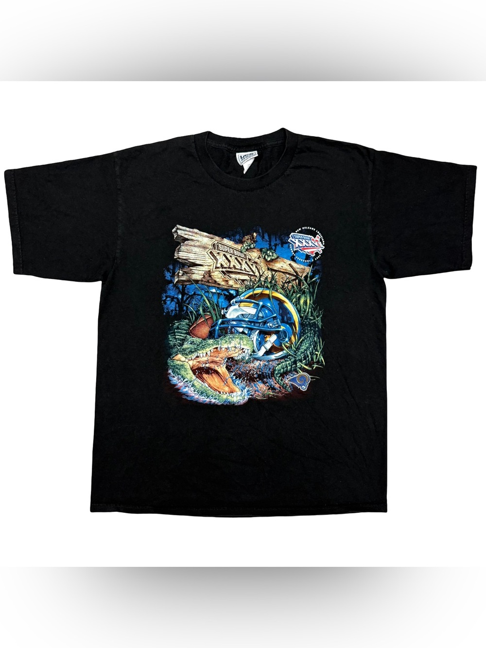Vintage 2002 Super Bowl XXXVI St Louis Rams Gator Graphic T-Shirt Black L